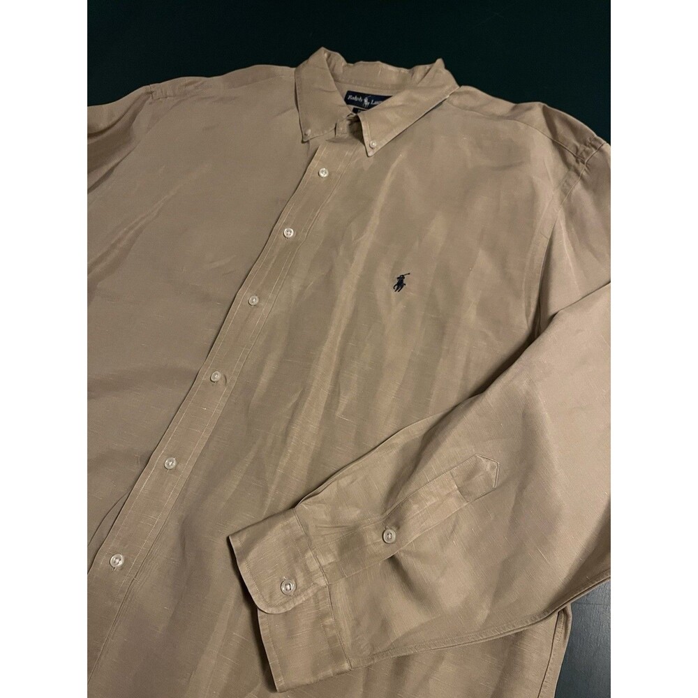 Ralph Lauren Silk Linen Long Sleeve Button Oxford Dress Shirt 2XL BIG Beige Pony